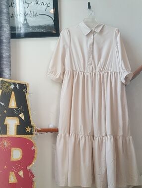 SHEIN Light Cream Button-Front Collared Tiered Midi Dress